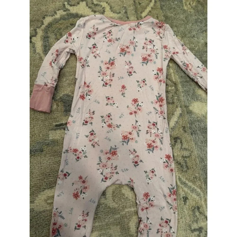 Posh Peanut Pink Floral Bamboo Foldover Feet Zipper Romper 9-12 Months NEW